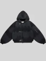 Black Shinzo Shige 15oz canvas clasp bomber jacket ghost product view on light background showing hooded collar