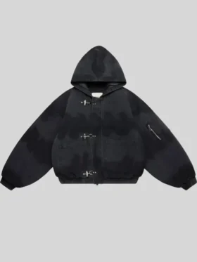 Black Shinzo Shige 15oz canvas clasp bomber jacket ghost product view on light background showing hooded collar