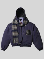 Navy Shinzo Shige canvas clasp bomber jacket on mannequin with plaid scarf front view dark background