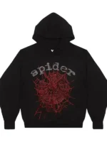Sp5der OG Rhinestone Black Hoodie in black fleece with hooded collar, pullover closure, and rib cuffs