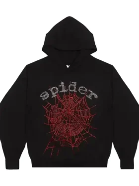 Sp5der OG Rhinestone Black Hoodie in black fleece with hooded collar, pullover closure, and rib cuffs