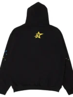 Back view of Sp5der OG Rhinestone Black Hoodie showing black fleece fabric, hood, and rib hem