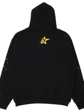Back view of Sp5der OG Rhinestone Black Hoodie showing black fleece fabric, hood, and rib hem