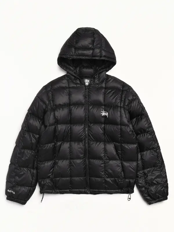 Front view of black Stussy Hooded Puffer Jacket with quilted nylon design and hooded collar