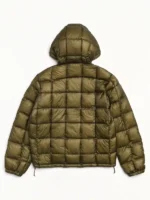 Back view of olive Stussy Hooded Puffer Jacket with quilted puffer construction