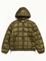 Front view of olive Stussy Midweight Hooded Puffer Jacket with zipper closure and hood