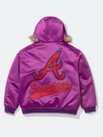 The back view of the Supreme x Mitchell & Ness Braves Hoodie showing the clean satin drape.