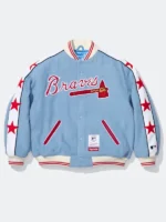 Supreme x Mitchell and Ness Atlanta Braves Varsity Jacket back view powder blue wool oversized red Atlanta A logo with white outline and Supreme script lettering