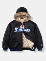 A bold front profile of the Supreme x Mitchell & Ness Bullets Hoodie in sleek black satin.
