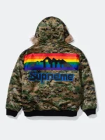 The back view of the Supreme Mitchell Ness Nuggets Camo Hoodie showing its clean structured drape.