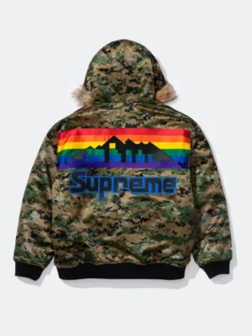 The back view of the Supreme Mitchell Ness Nuggets Camo Hoodie showing its clean structured drape.