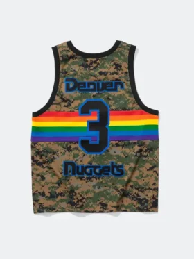 The back view of the Supreme x Mitchell & Ness Nuggets Jersey in a striking camouflage pattern.