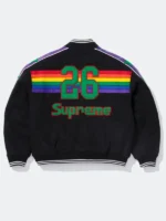 Supreme x Mitchell and Ness Denver Nuggets Varsity Jacket back view black wool number 26 green lettering rainbow stripe and Supreme script