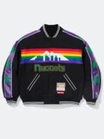 Supreme x Mitchell and Ness Denver Nuggets Varsity Jacket front view black wool rainbow mountain skyline graphic Nuggets script purple leather sleeves green star applique