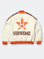 Supreme x Mitchell and Ness Houston Astros Varsity Jacket back view cream wool Houston Astros H logo orange star and Supreme block lettering