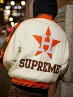 Supreme Mitchell Ness Astros jacket back, Houston H logo in orange star and Supreme block lettering on cream wool