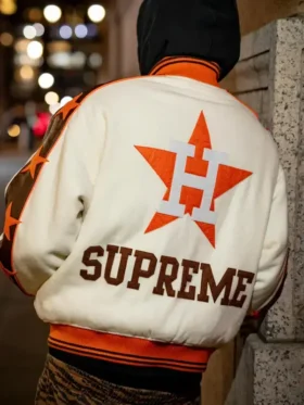 Supreme Mitchell Ness Astros jacket back, Houston H logo in orange star and Supreme block lettering on cream wool