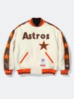 Supreme x Mitchell and Ness Houston Astros Varsity Jacket front view cream wool Astros chenille lettering orange star brown leather sleeves Cooperstown patch