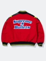 Supreme x Mitchell and Ness Washington Bullets Varsity Jacket back view red wool Supreme Bullets arc lettering black leather sleeves yellow star applique