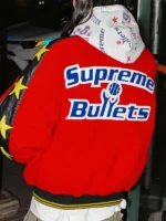 Back view of Supreme x Mitchell & Ness Washington Bullets red varsity jacket, Supreme Bullets arc lettering in blue and all-over print hood