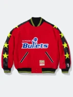 Supreme x Mitchell and Ness Washington Bullets Varsity Jacket front view red wool Supreme Bullets chest graphic yellow star sleeves button closure Hardwood Classics patch