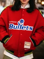 Supreme x Mitchell & Ness Washington Bullets red wool varsity jacket front, blue Bullets script lettering and Hardwood Classics patch