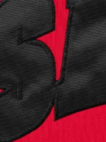Close up detail of black tackle twill SALEM arch applique stitching on red heavyweight fleece Supreme SALEM Zip Up Hooded Sweatshirt