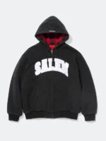 Supreme SALEM Zip Up Hooded Sweatshirt black heavyweight fleece closed front white tackle twill SALEM arch applique red black buffalo plaid hood lining