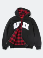 Supreme SALEM Zip Up Hooded Sweatshirt black open front showing red black buffalo plaid quilted flannel lining and white SALEM tackle twill applique