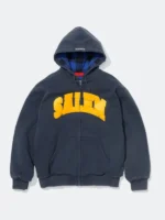 Supreme SALEM Zip Up Hooded Sweatshirt navy heavyweight fleece closed front yellow gold tackle twill SALEM arch applique blue black buffalo plaid hood lining