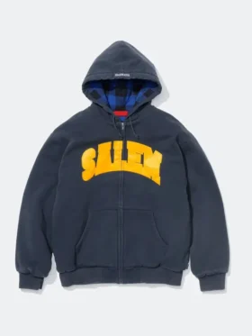 Supreme SALEM Zip Up Hooded Sweatshirt navy heavyweight fleece closed front yellow gold tackle twill SALEM arch applique blue black buffalo plaid hood lining