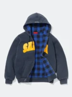 Supreme SALEM Zip Up Hooded Sweatshirt navy open front showing blue black buffalo plaid quilted flannel lining yellow gold SALEM tackle twill applique