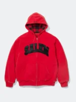 Supreme SALEM Zip Up Hooded Sweatshirt red heavyweight fleece closed front black tackle twill SALEM arch applique red black buffalo plaid hood lining