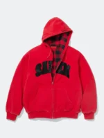Supreme SALEM Zip Up Hooded Sweatshirt red open front showing red black buffalo plaid quilted flannel lining and black SALEM tackle twill applique