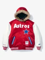 A front view of the Supreme x Mitchell & Ness Astros Hoodie in a vibrant red and white design.