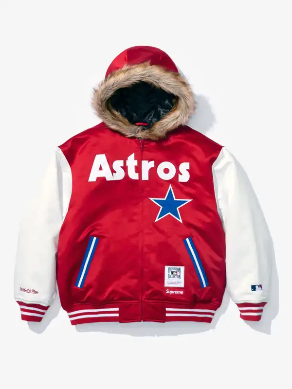 A front view of the Supreme x Mitchell & Ness Astros Hoodie in a vibrant red and white design.