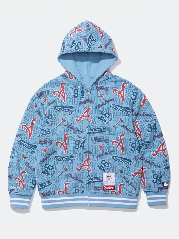A striking view of the Supreme Atlanta Braves Blue Hoodie in rich royal blue.