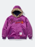 A front view of the Supreme x Mitchell & Ness Braves Hoodie in vibrant purple satin.