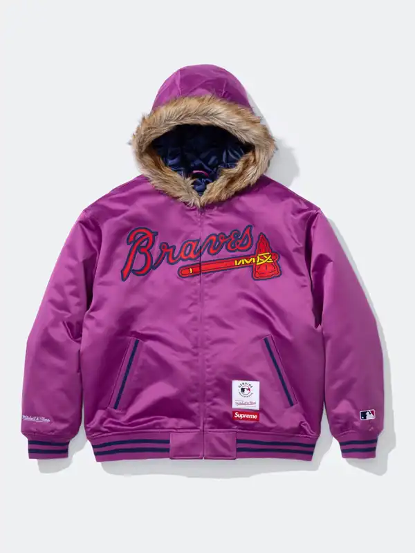 A front view of the Supreme x Mitchell & Ness Braves Hoodie in vibrant purple satin.