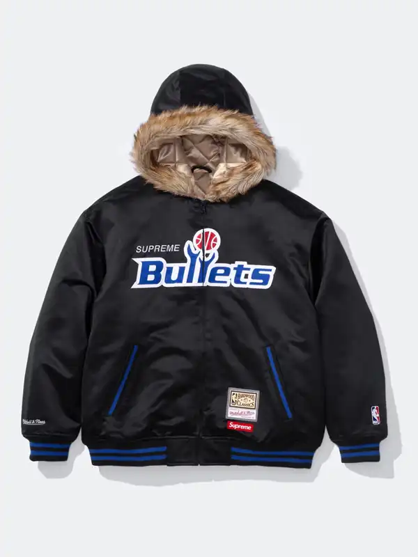 The essential black Supreme x Mitchell & Ness Bullets Hoodie featuring authentic team branding.