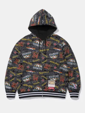 Full profile view of the Supreme Denver Nuggets Black Hoodie highlighting the kangaroo pockets.