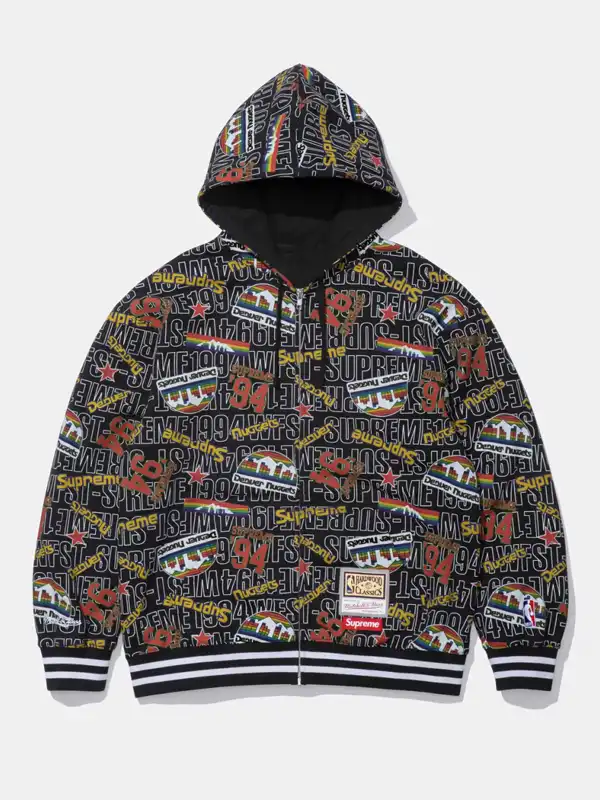 Full profile view of the Supreme Denver Nuggets Black Hoodie highlighting the kangaroo pockets.