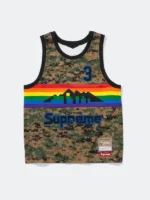 A premium front profile of the sleeveless Supreme x Mitchell & Ness Nuggets Jersey.