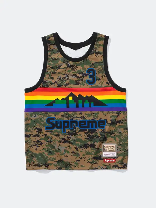 A premium front profile of the sleeveless Supreme x Mitchell & Ness Nuggets Jersey.