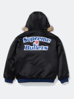 The back view of the Supreme x Mitchell & Ness Bullets Hoodie showing the clean satin drape.