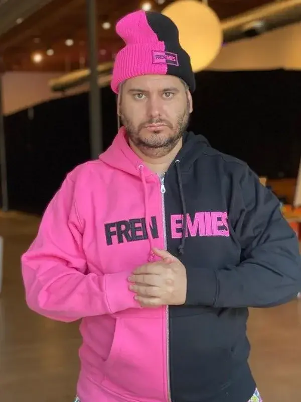 A premium standalone profile presentation of the black and pink Teddy Fresh Frenemies Hoodie.