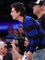 The bold patterned aesthetic of the Timothee Chalamet 76ers v Knicks Sweatshirt.