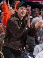 Knicks vs 76ers Timothee Chalamet Brown Trucker Jacket in brown corduroy with sherpa collar and button front