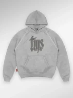 Front presentation view highlighting the deep pocket layout of the TMS Grey Hoodie.