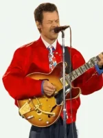 A vibrant front view of the Together Tour Harry Styles Red Jacket in gleaming red satin.